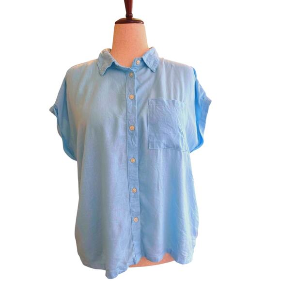 Orvis Women's Light Blue Linen Blend Button Up Short Sleeve Shirt Size XL - Picture 1 of 8